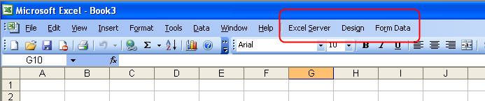 Menu of Excel Server in Excel 2003